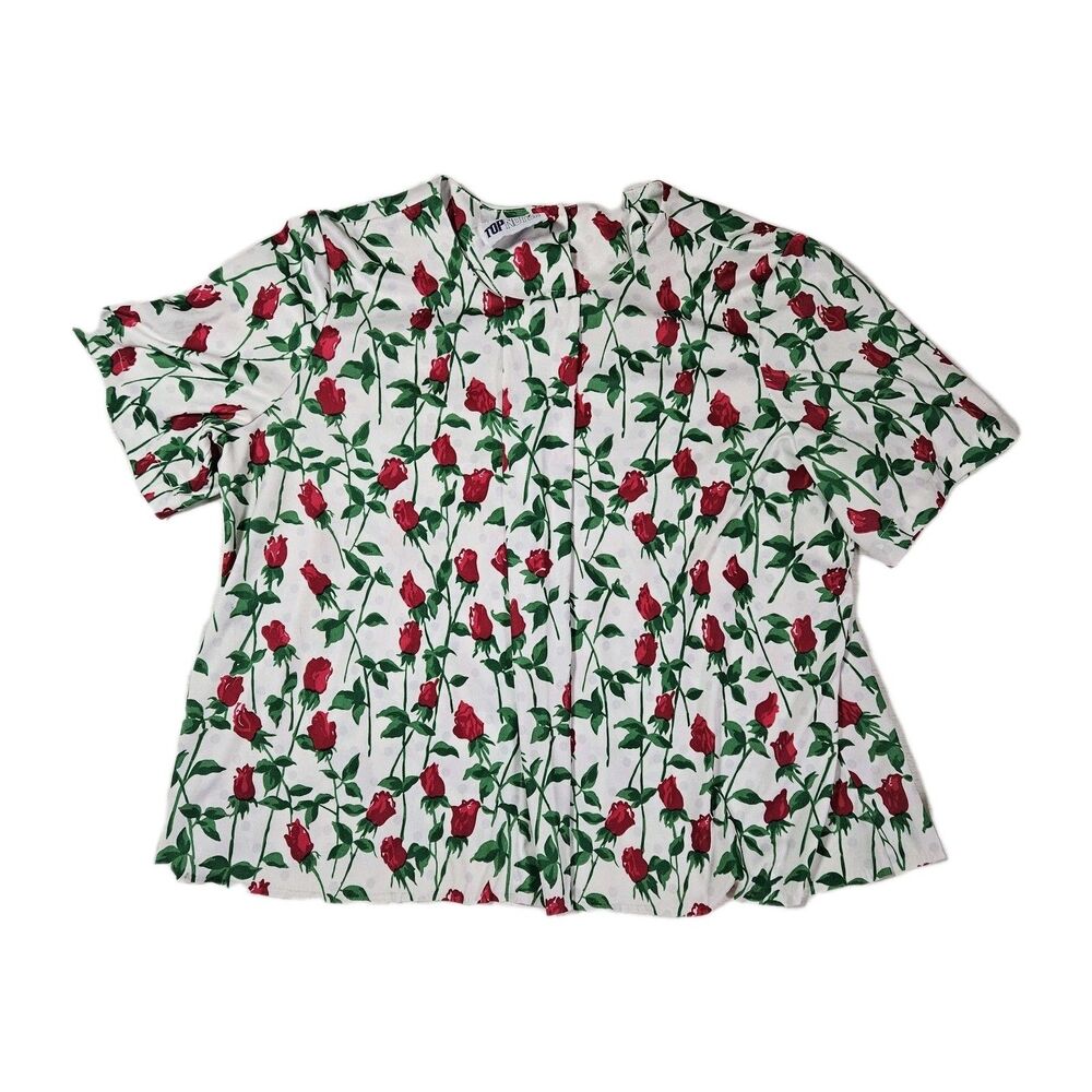 90s XL Top Notch Womens Rose Floral Tshirt Blouse Pleated Valentines Cute Red
